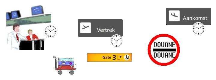 afbeeldingen die practische vragen oproepen i.v.b. uur waarop men moet inchecken, uur van vertrek en van aankomst, stuks bagage, nummer gate, waat aangeven ...