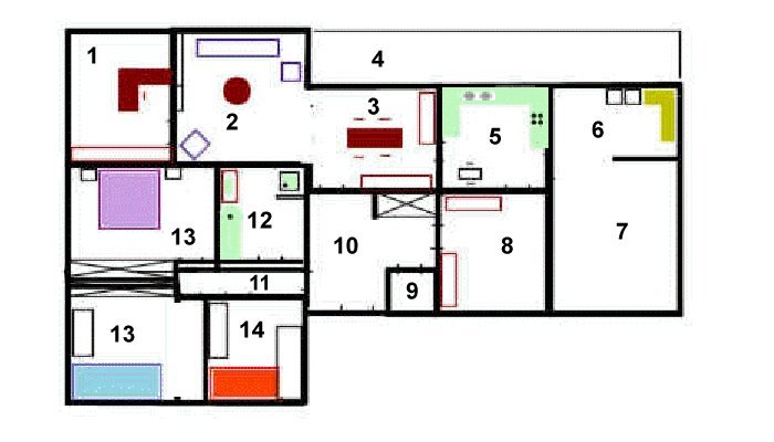 Plan van een huis met bureau, living met salon en eetkamer, keuken, garage met washok, speelkamer, hal, slaapkamers en badkamer