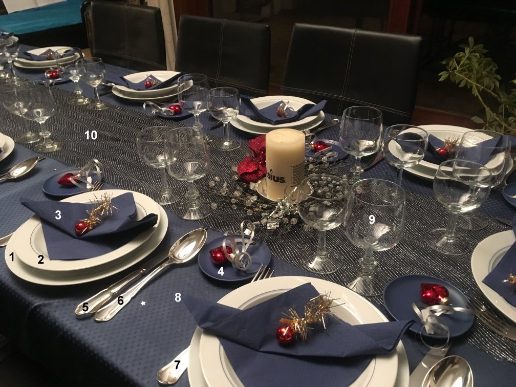 Gedekte feesttafel met borden, bestek, glazen, tafelkleed, servetten ...