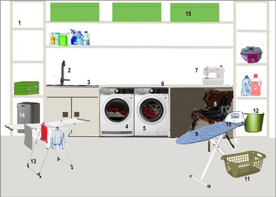 Washok met spoelbak, kraan, werkblad, wasautomaat, droogkast, naaimachine, droogrek, stoel, onderhouds- en wasproducten ... 