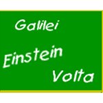 schholbord met de woorden: Einstein, Galileï, Volta