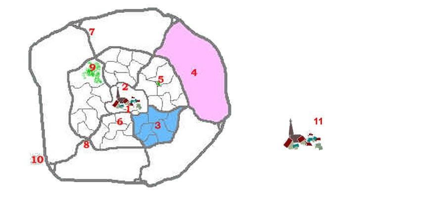 plan van de delen van de stad:centrum wijken en buitenwijken, groene zone, ...